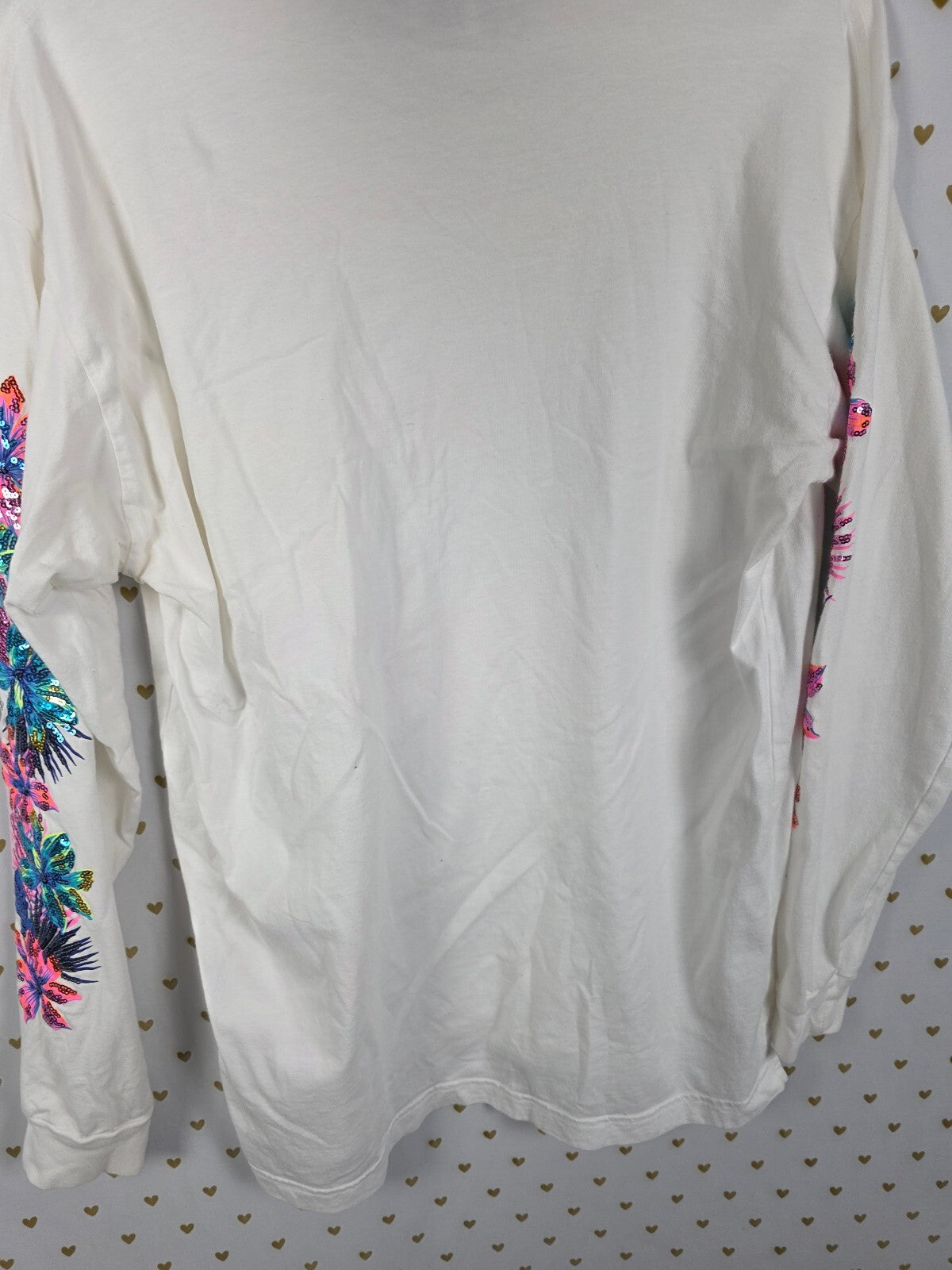 Victoria's Secret PINK Campus Tee Sequin Tropical Floral Hibiscus BLING White M