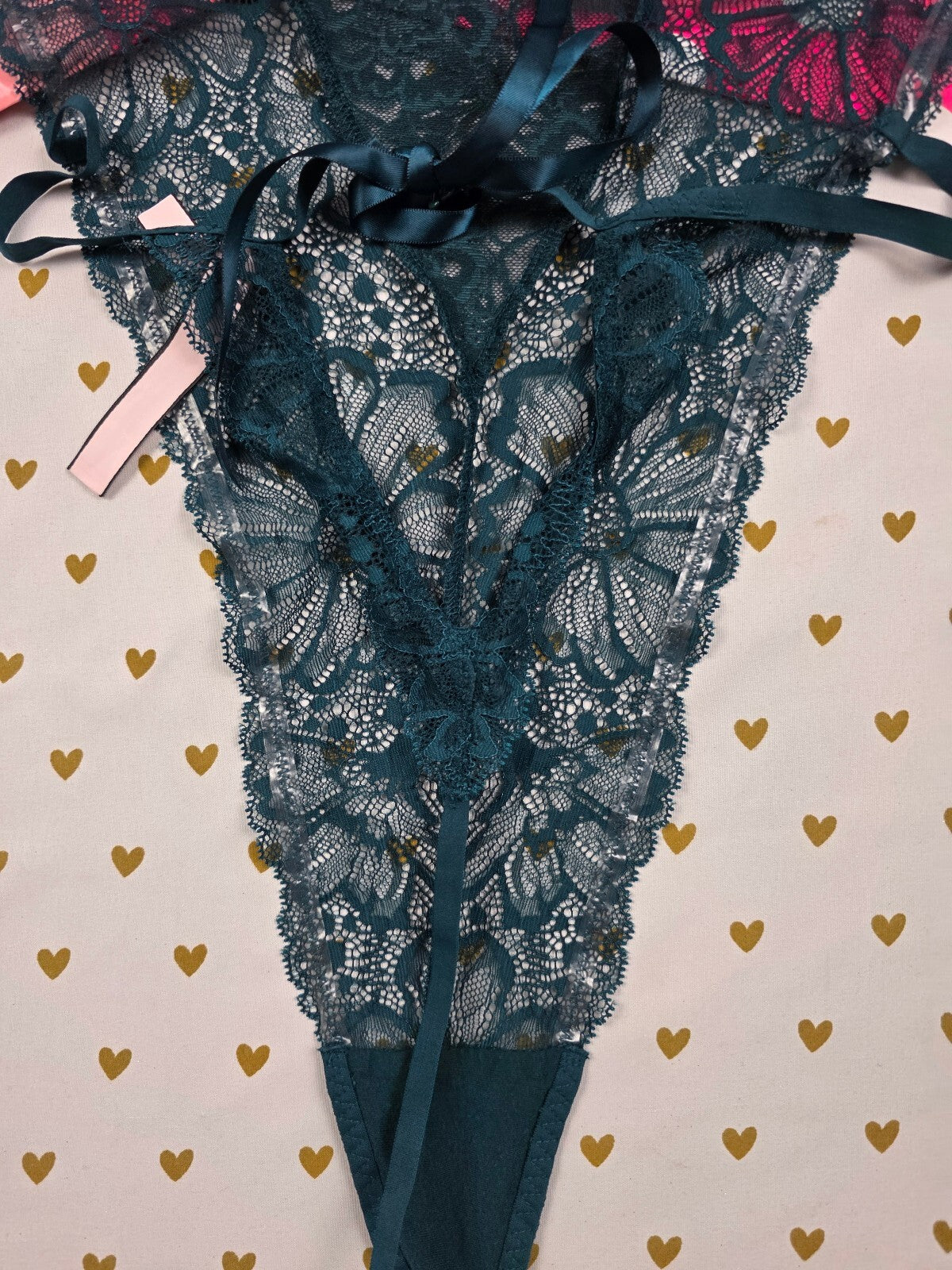 Victoria's Secret Teal Floral Lace Teddy Bodysuit XL Satin Tie Thong