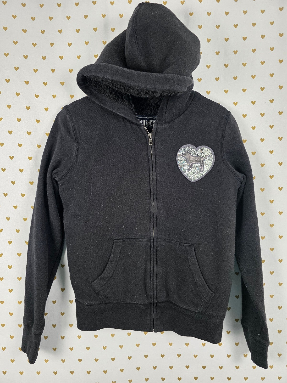 Victorias Secret Pink Fur lIned Bling Sequined Hoodie Jacket Black Silver XS