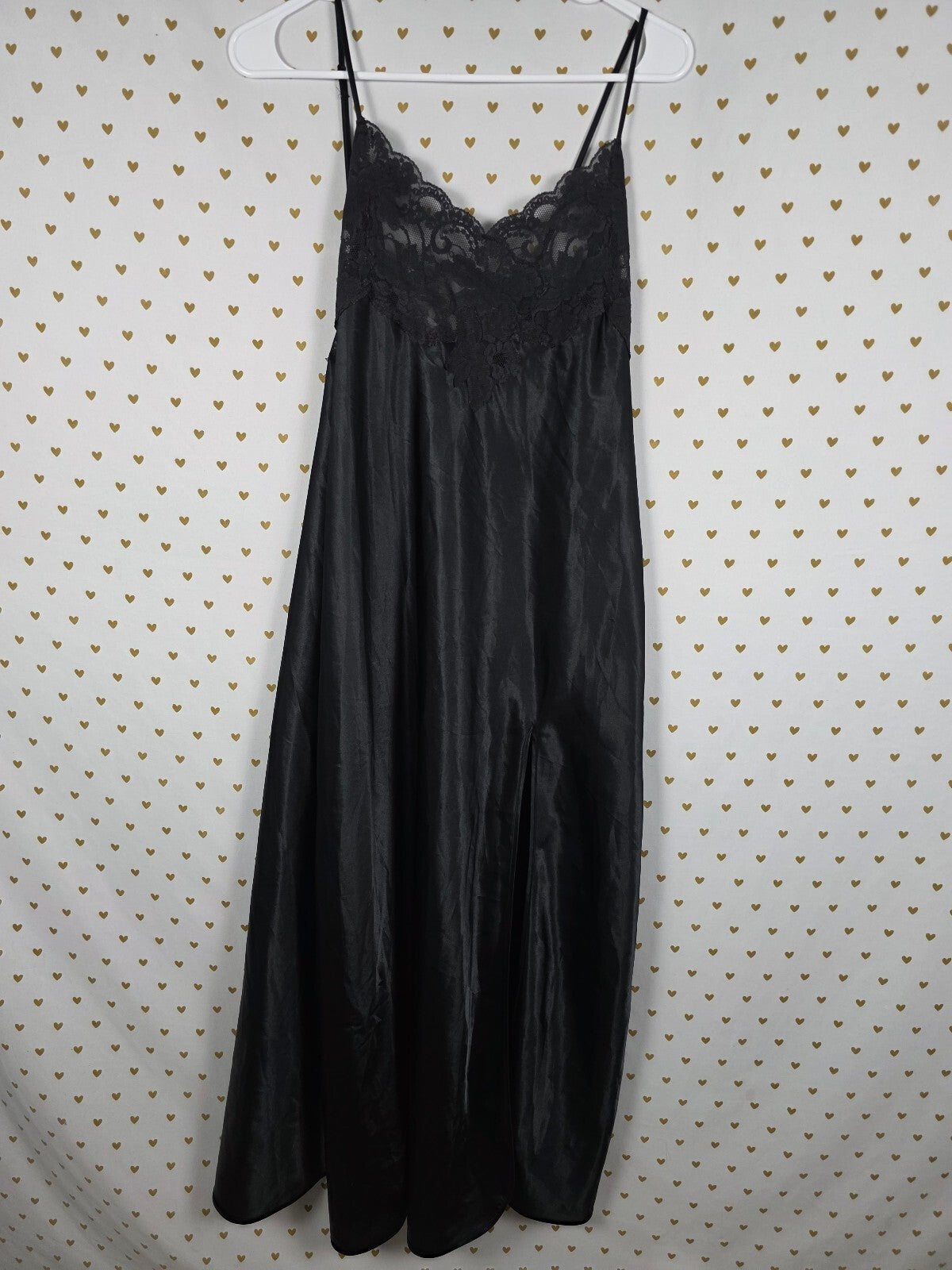 Victoria's Secret Black Satin Lace Maxi Nightgown Slip Gown L Vintage Heart