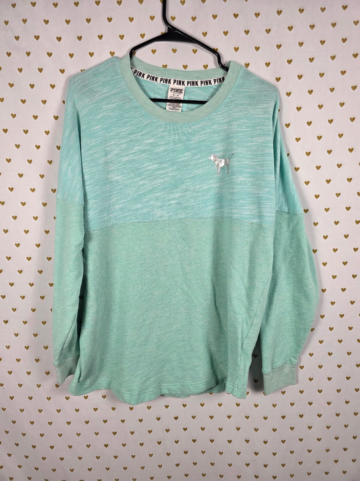 Victorias Secret PINK Oversized Logo Geometric Sweater Shirt Mint MEDIUM