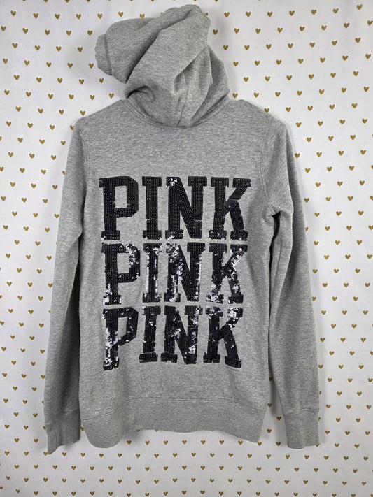 Victorias Secret Pink Bling Full zip Hoodie Sweater Sequined Logo Grey XS