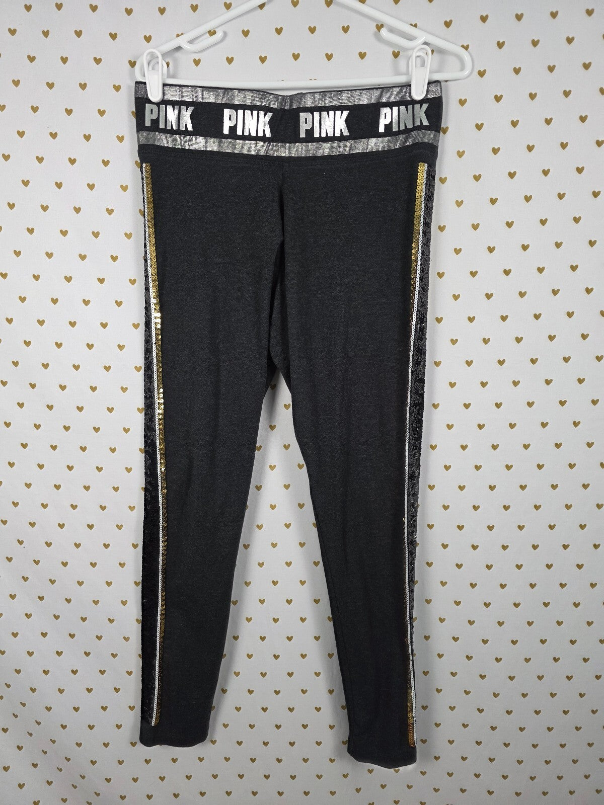Victorias Secret PINK BLING Yoga Pants Stripe SEQUIN Black Gold LARGE