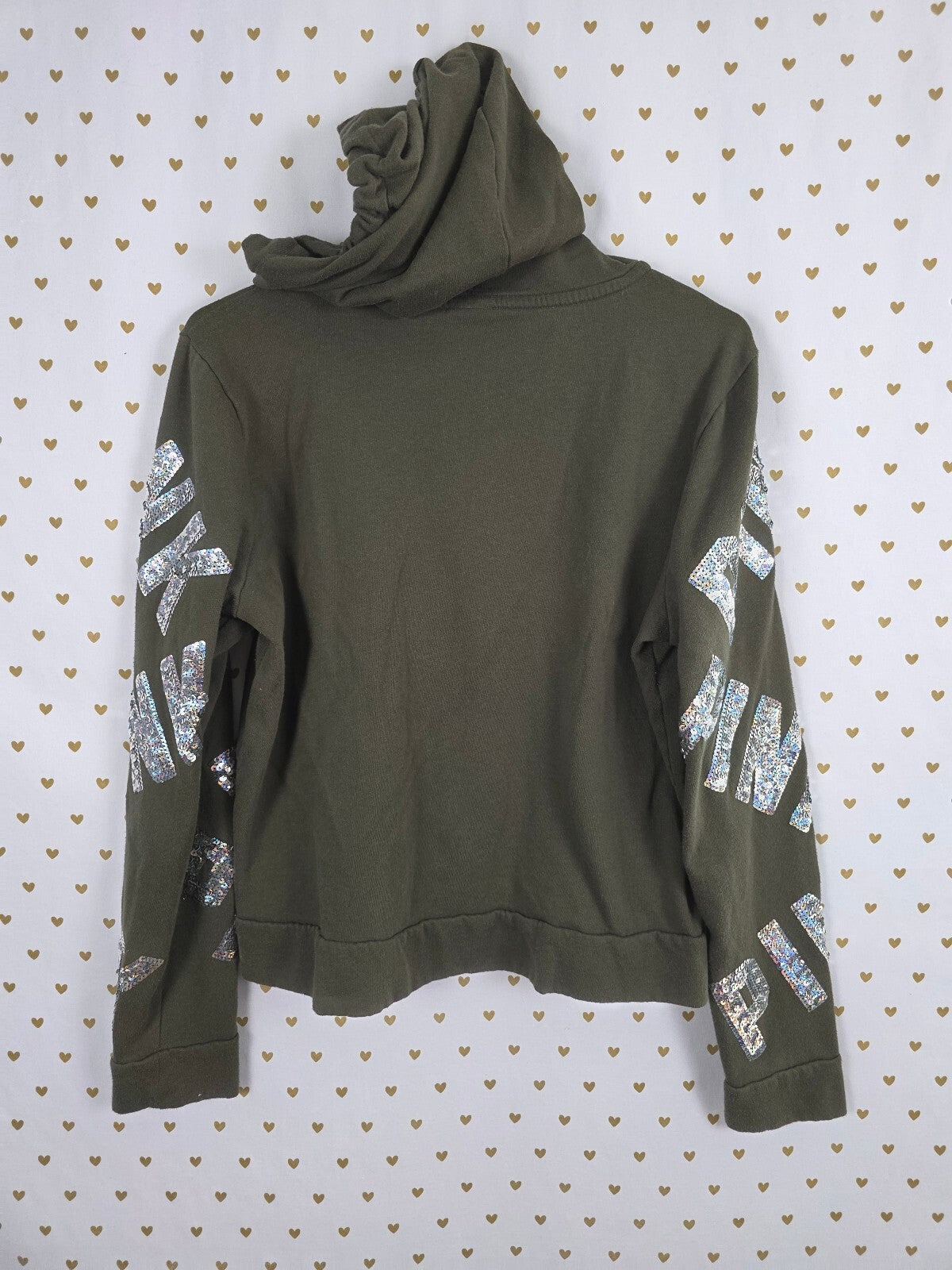 Victorias Secret Pink Green Bling Logo Sequined Full zip Hoodie Jacket Large