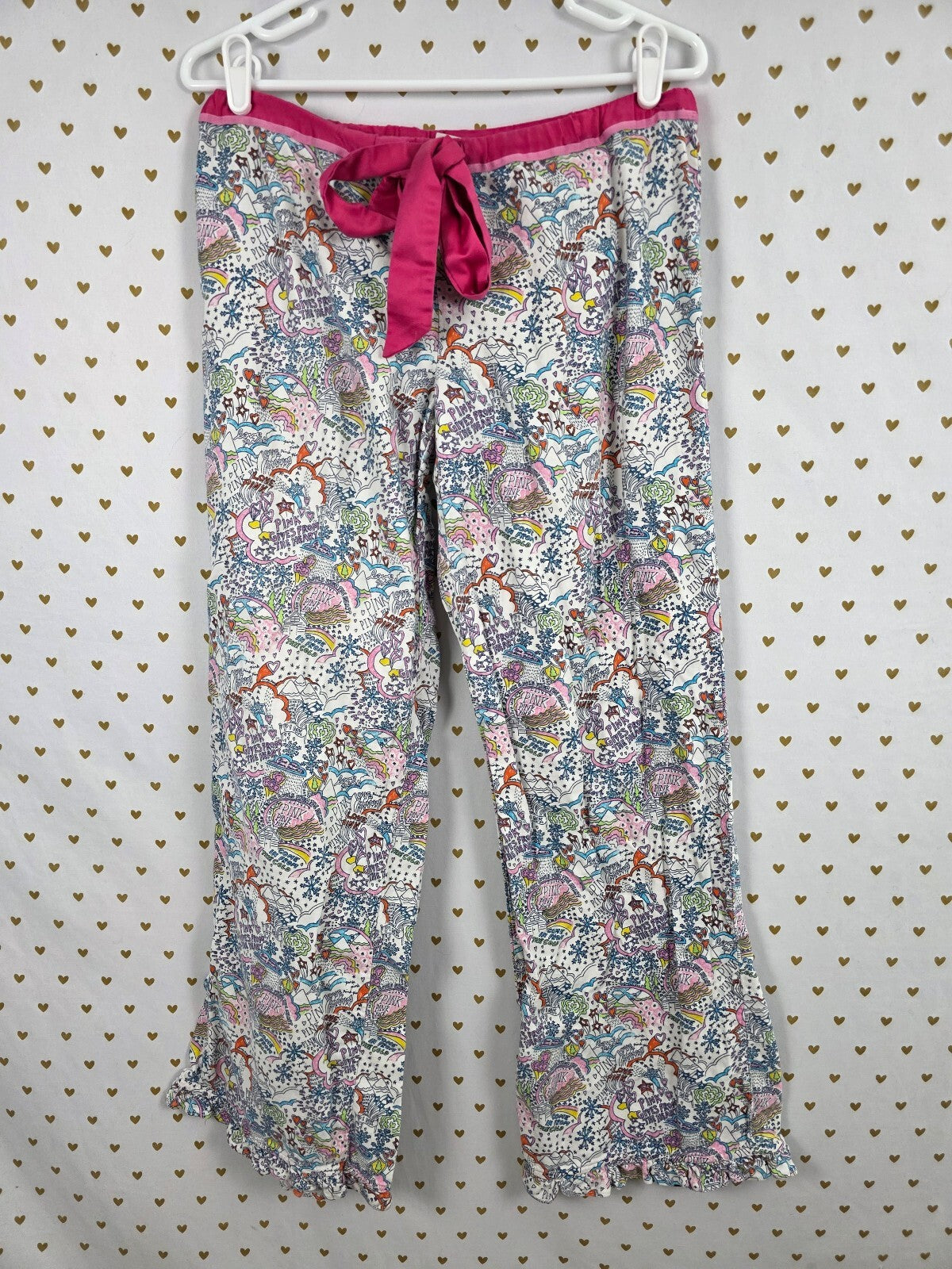 Victorias Secret Pink Vintage Doodle Ruffled Sleep Pants Pajama PJ Bottoms SM