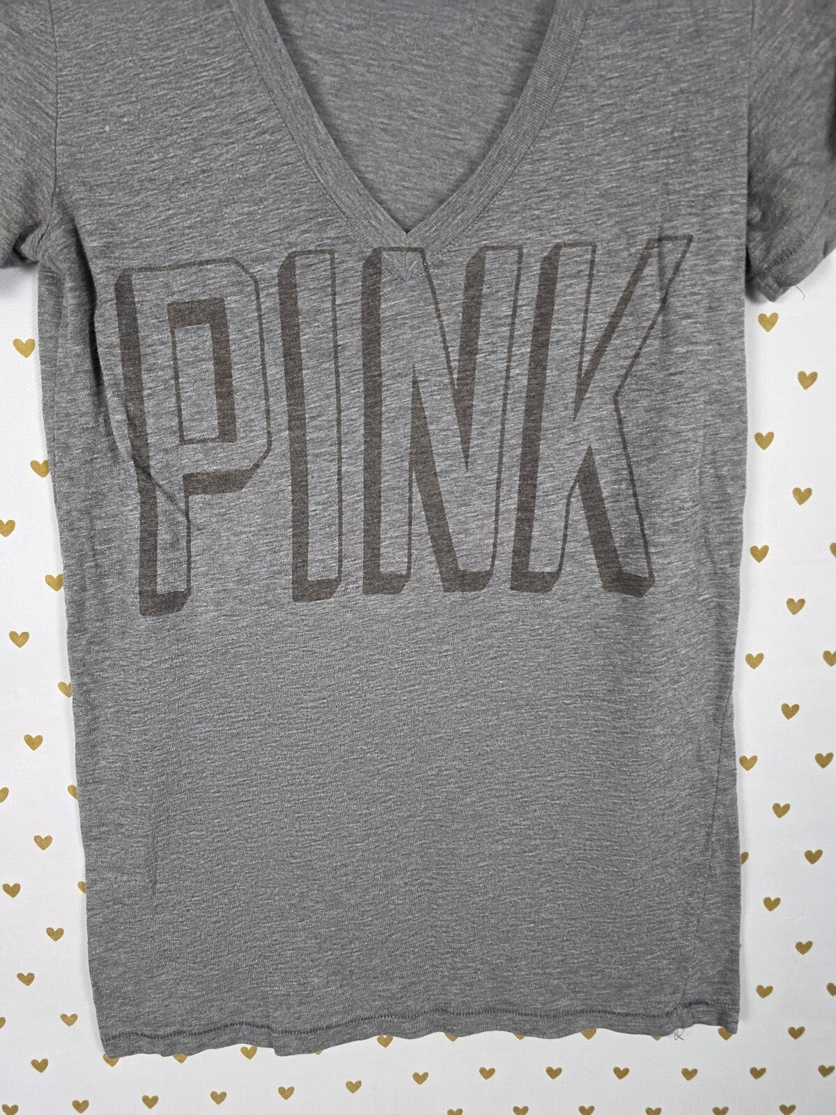 Victorias Secret PINK Logo V neck grey Tee shirt SMALL