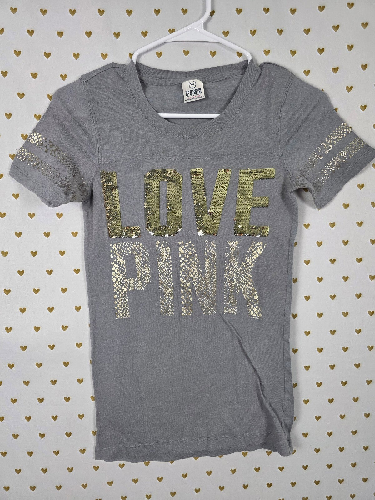 Victorias Secret PINK Vintage Grey Y2k BLING GOld Sequin Animal Print tee shirt