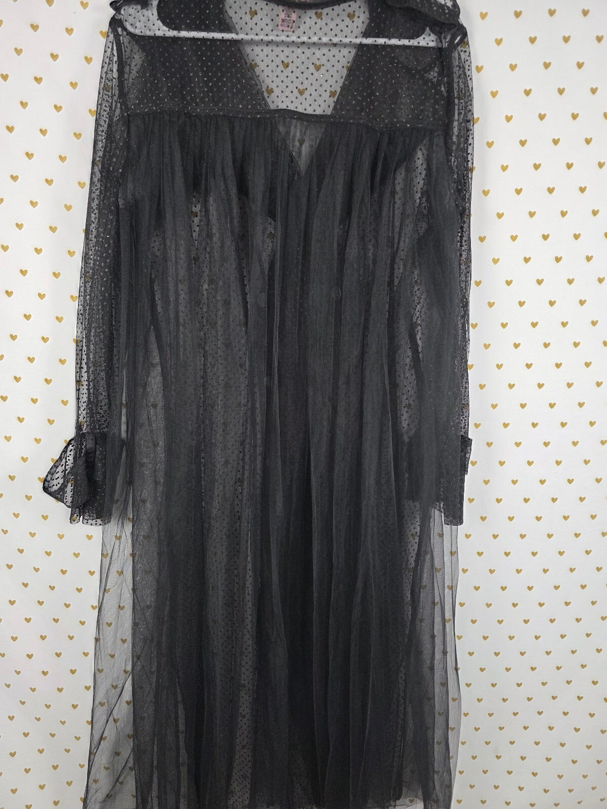 Victoria's Secret Black Sheer Tulle Maxi Robe M/L Polka Dot Ruffle Trench