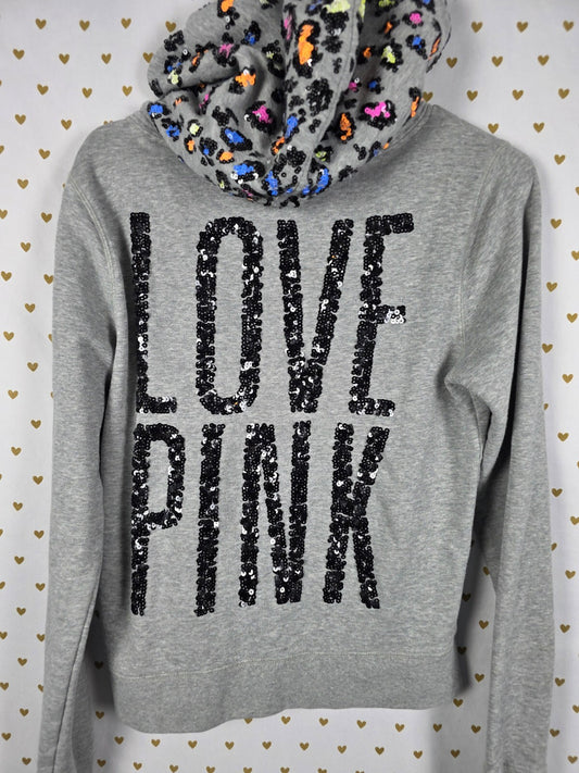 Victoria's Secret PINK Rare LIMITED Sequin Leopard Love Pink Zip Hoodie Gray M