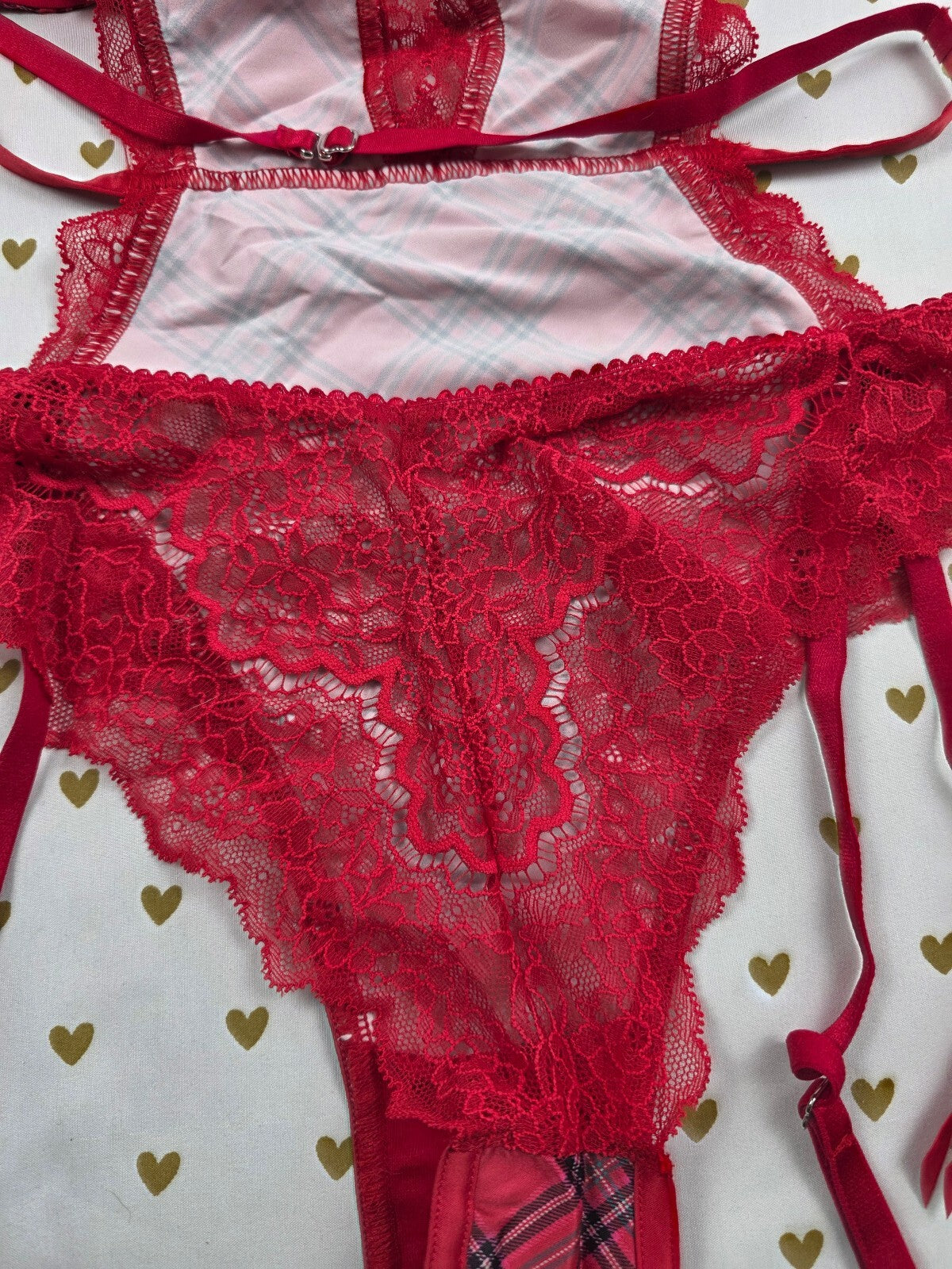 NWT Victoria's Secret Very Sexy Red Plaid Bow Lace Teddy Lingerie M NEW Bodysuit