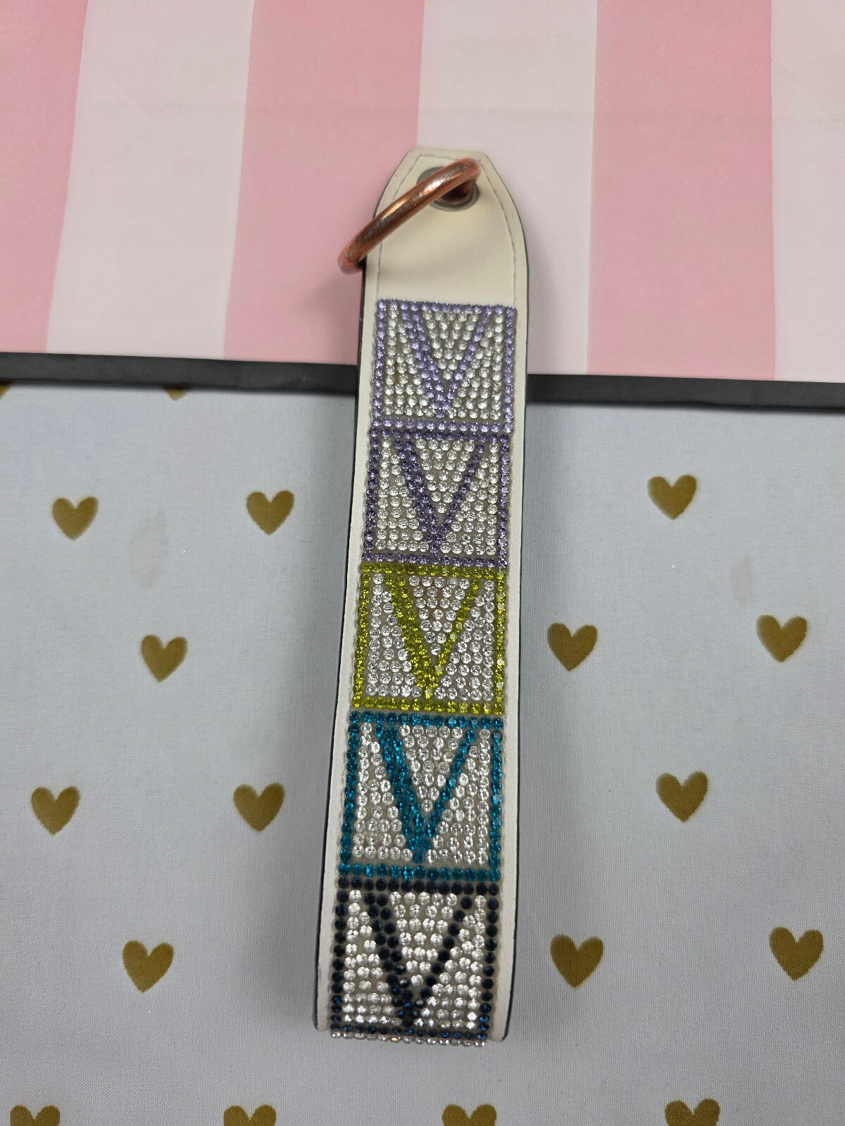 Victoria Secret BLING wristlet strap keychain Logo Studded Handle Rhinestone