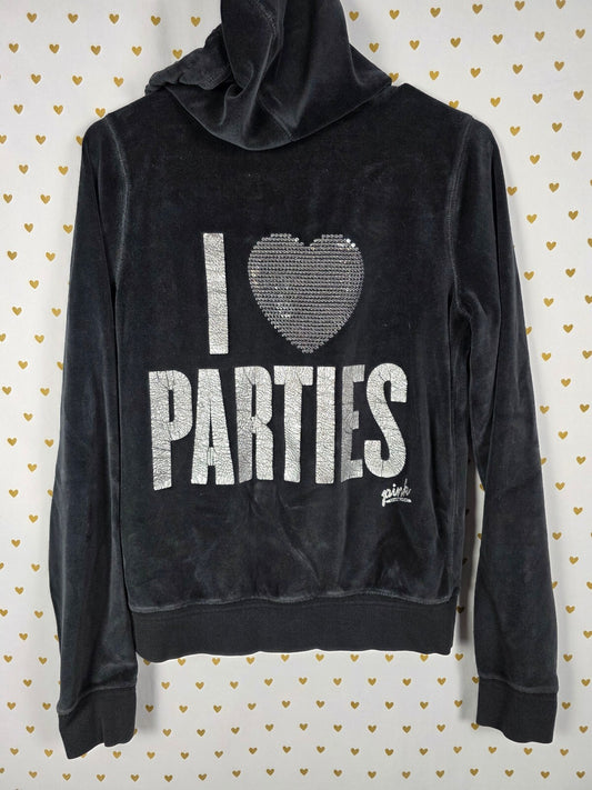Victoria's Secret PINK Velour Zip Hoodie M Black I Love Parties BLING HTF MED