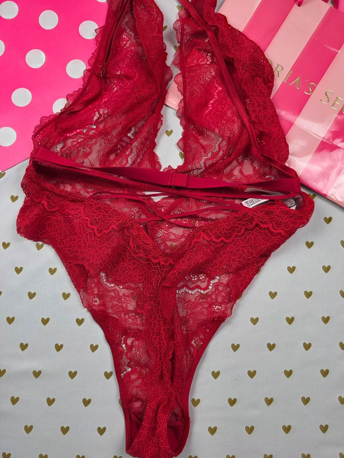 Victorias Secret Red Strappy Lace Sexy Sheer Bodysuit Teddy XL