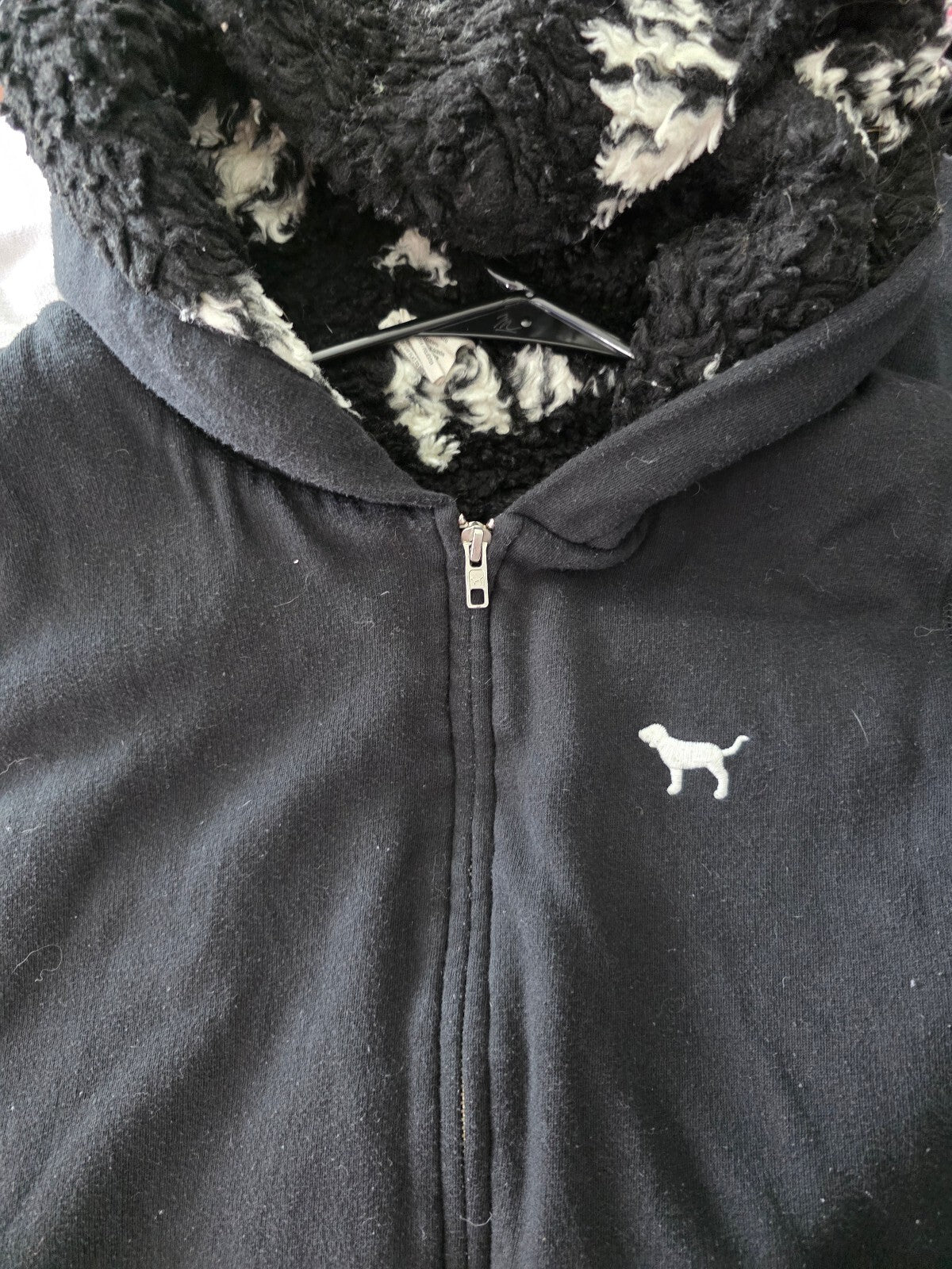 PINK Victoria's Secret Sherpa FUR Lined Hoodie Black Full Zip Logo Jacket Medium