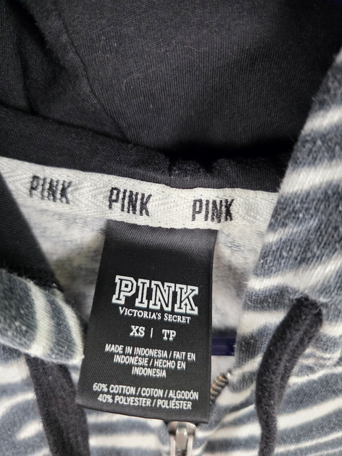 Victoria’s Secret PINK Zebra Print Full Zip Hoodie Black White XS Logo