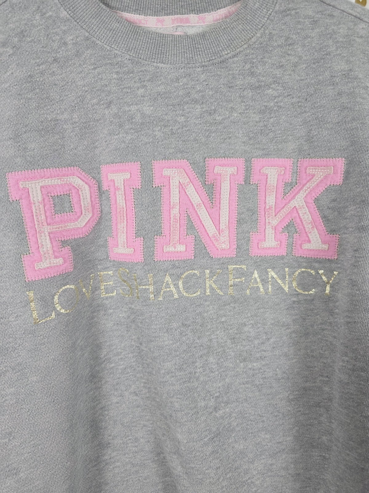 PINK x LoveShackFancy Oversized Crew Sweatshirt XS Gray Logo Bow Limited