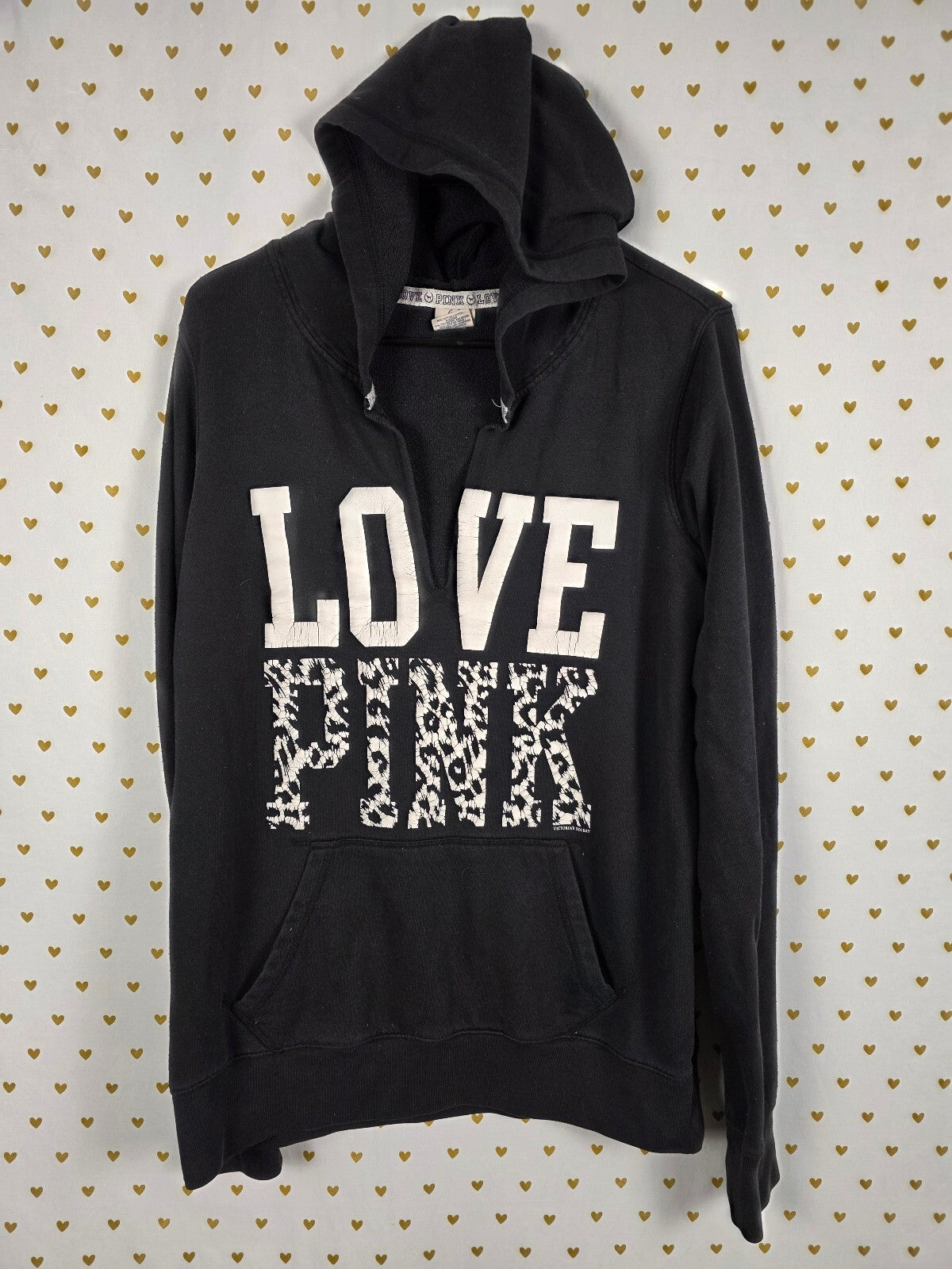 Victorias Secret Pink LOVE pullover Sweater Cheetah Leopard Hoodie Sweater L
