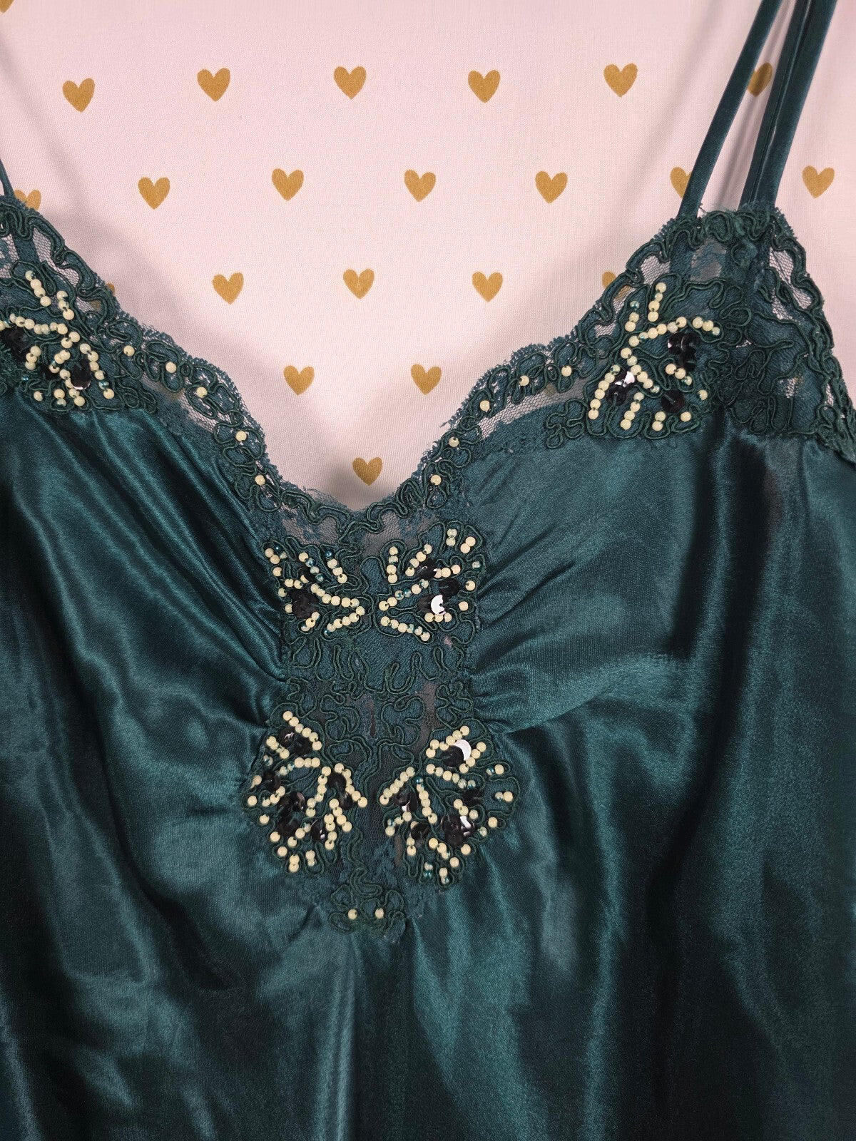 Vintage Victoria's Secret Slip Dress M Emerald Green Satin Lace Beaded Sequin