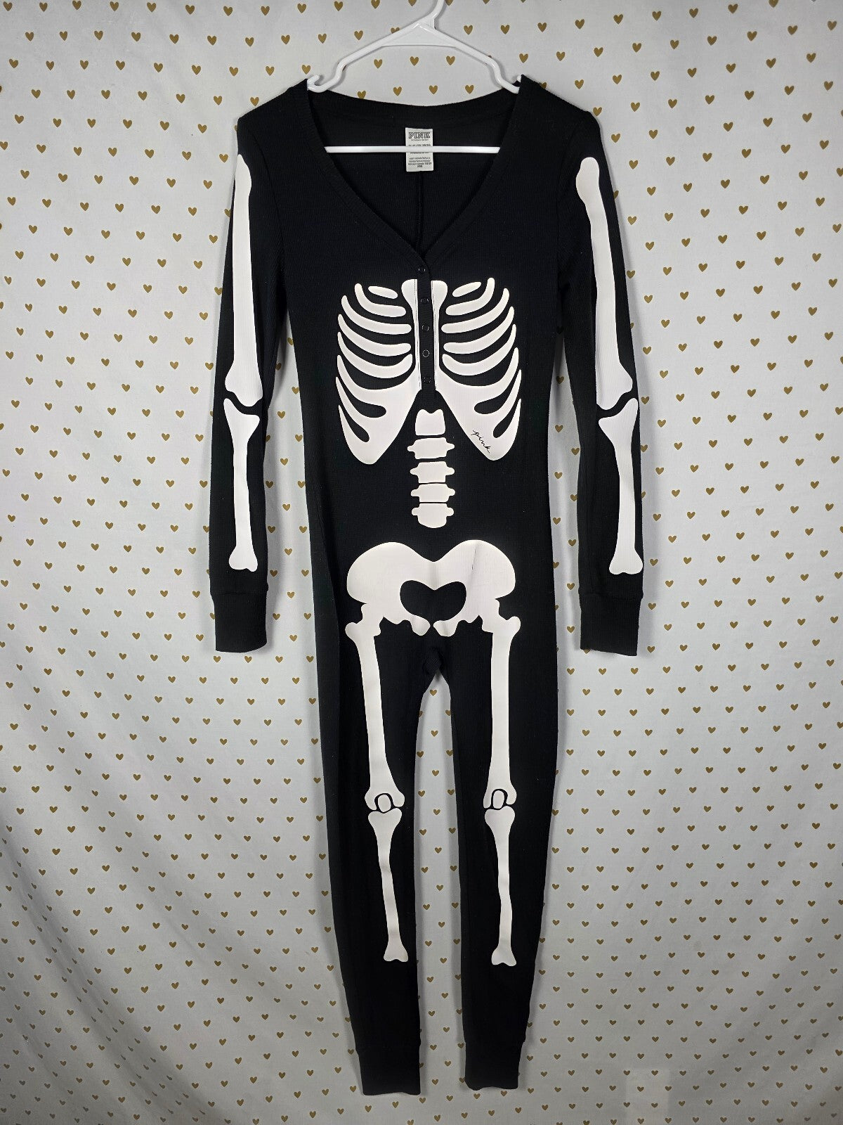 Victoria's Secret PINK Skeleton Thermal Onesie XS Black Halloween Pajamas