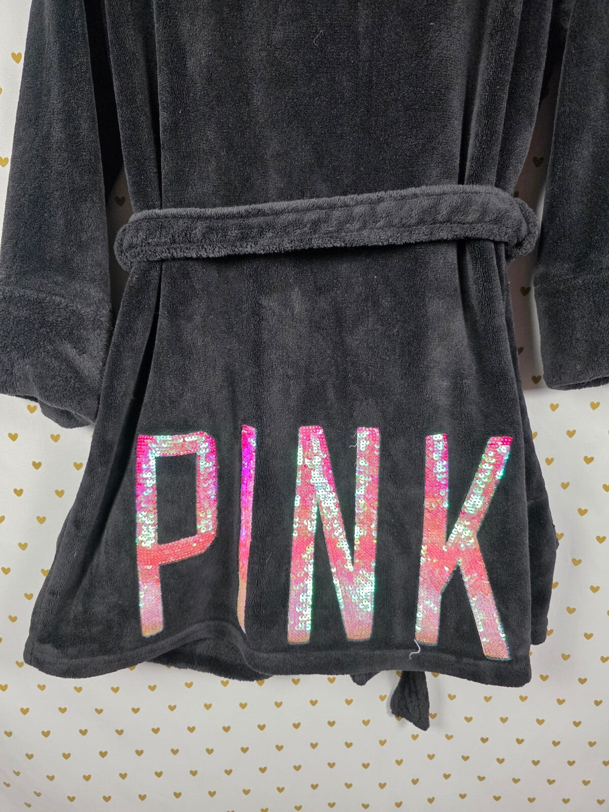 Victorias Secret Soft Fluffy Logo BLING Iridescent Warm Black Robe ONE SIZE FITS