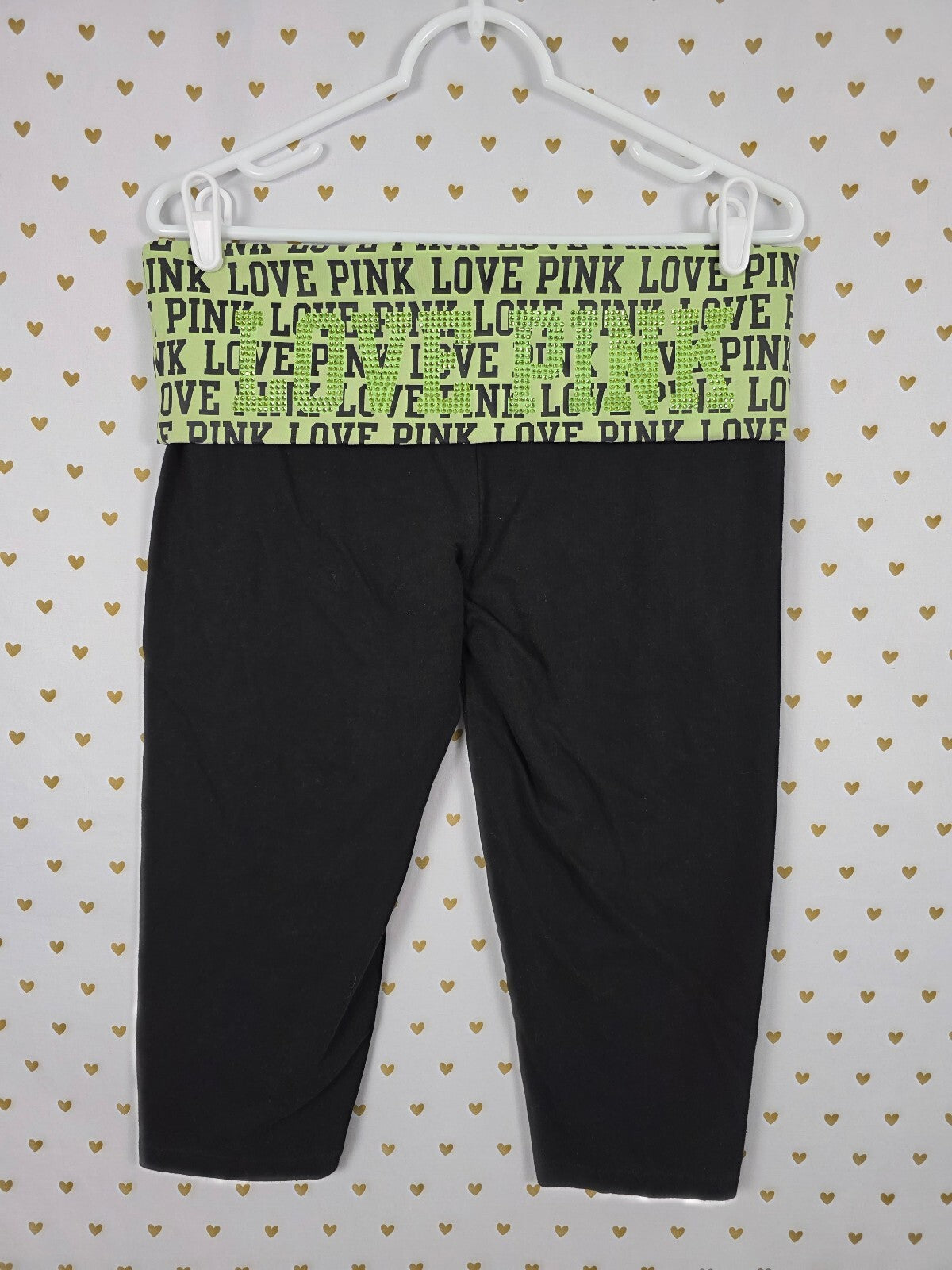 Victorias Secret PINK BLING LOVE Green FOLDOVER Vintage Yoga Pants Y2k L CAPRI