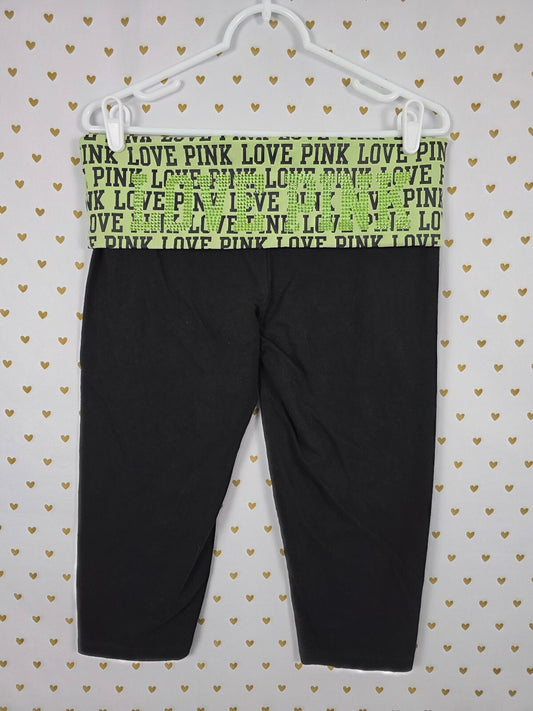 Victorias Secret PINK BLING LOVE Green FOLDOVER Vintage Yoga Pants Y2k L CAPRI