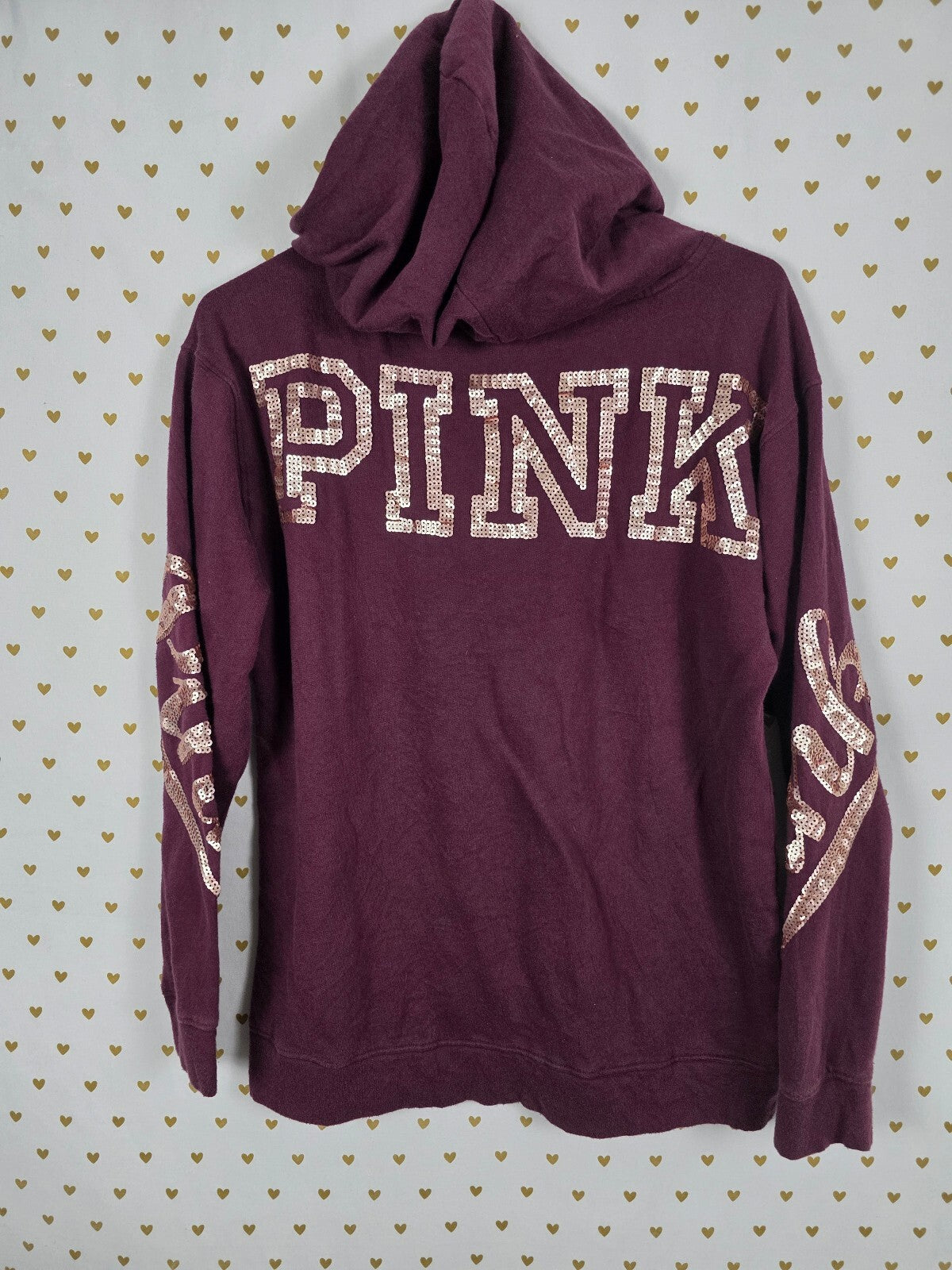 Victorias Secret PINK Matte Gold Bling Hooded Tee shirt XS OVERSIZED