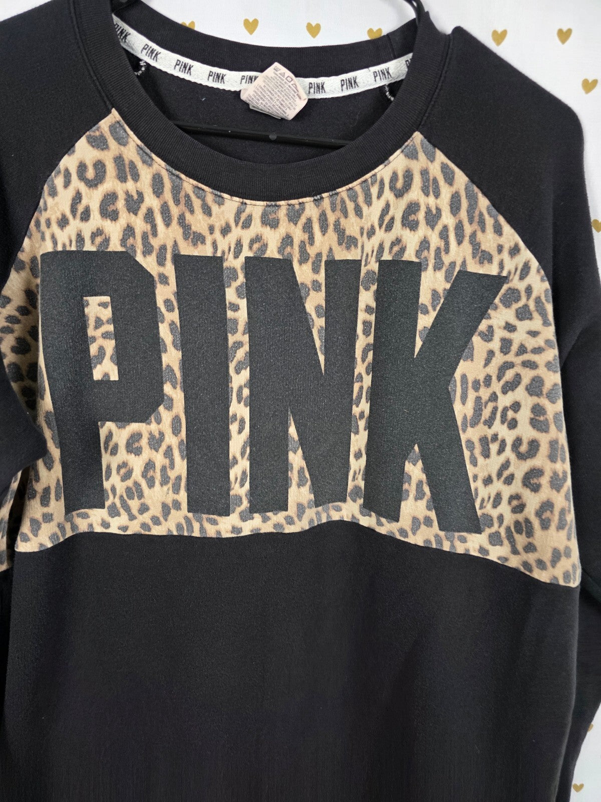 Victorias Secret Pink Cheetah Leopard Logo Crew Sweater Shirt Oversized MEDIUM