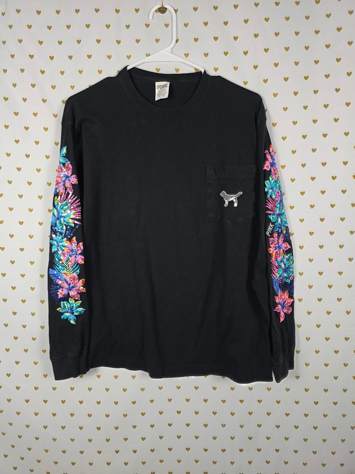 Victorias Secret PINK BLING Hibiscus Sequin Long Sleeve Dog Tee Black SMALL