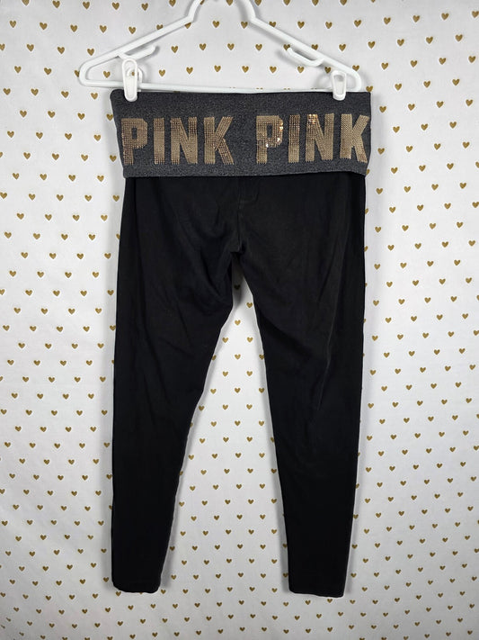 Victorias Secret PINK BLING GOLD SEQUIN Vintage Y2k Foldover Yoga Pants Ankle M