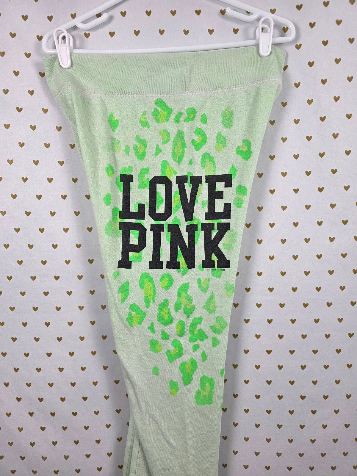 Victoria's Secret PINK LOVE PINK Pants M Neon Green Leopard Cheetah 2010 Y2K