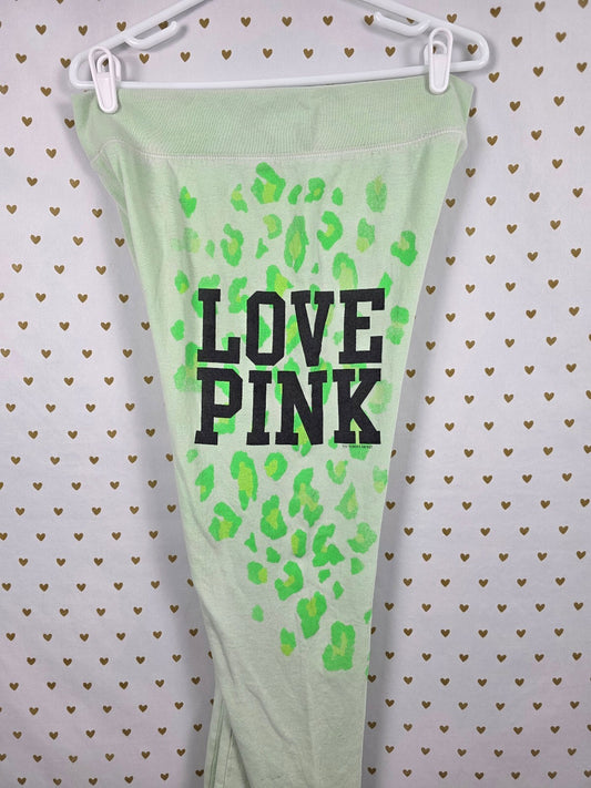 Victoria's Secret PINK LOVE PINK Pants M Neon Green Leopard Cheetah 2010 Y2K