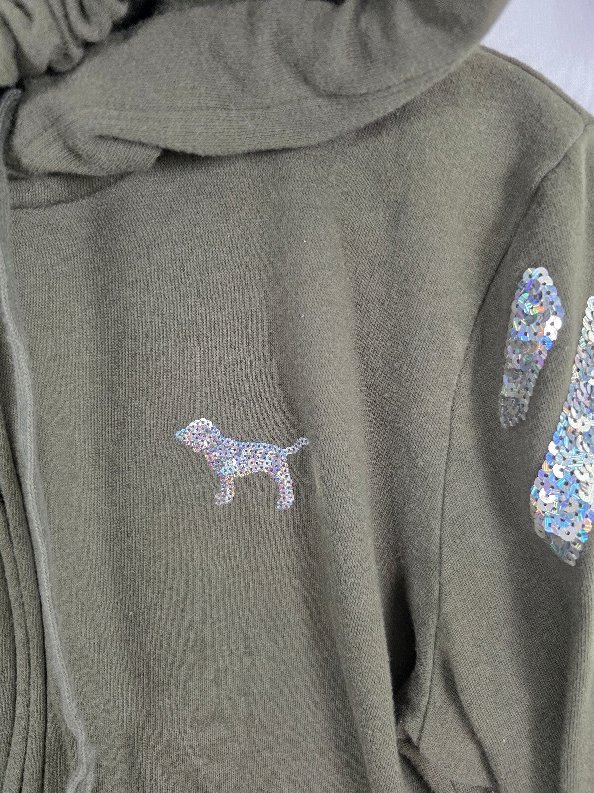 Victorias Secret Pink Green Bling Logo Sequined Full zip Hoodie Jacket Large