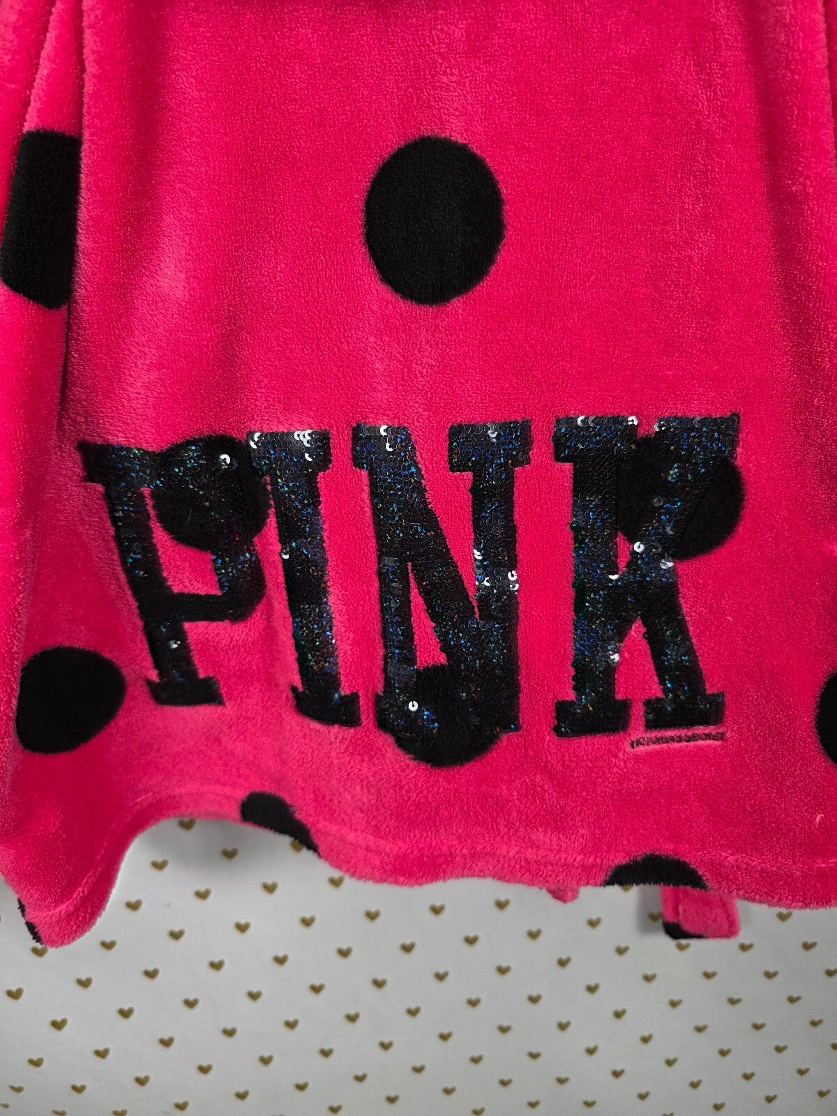 Victorias Secret Pink Bling Polka Dot Fluffy Warm Sequined Logo Robe XS SMALL