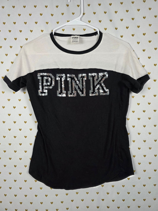 Victorias Secret PINK Black Colorblock BLING Sequined Tee Shirt XS