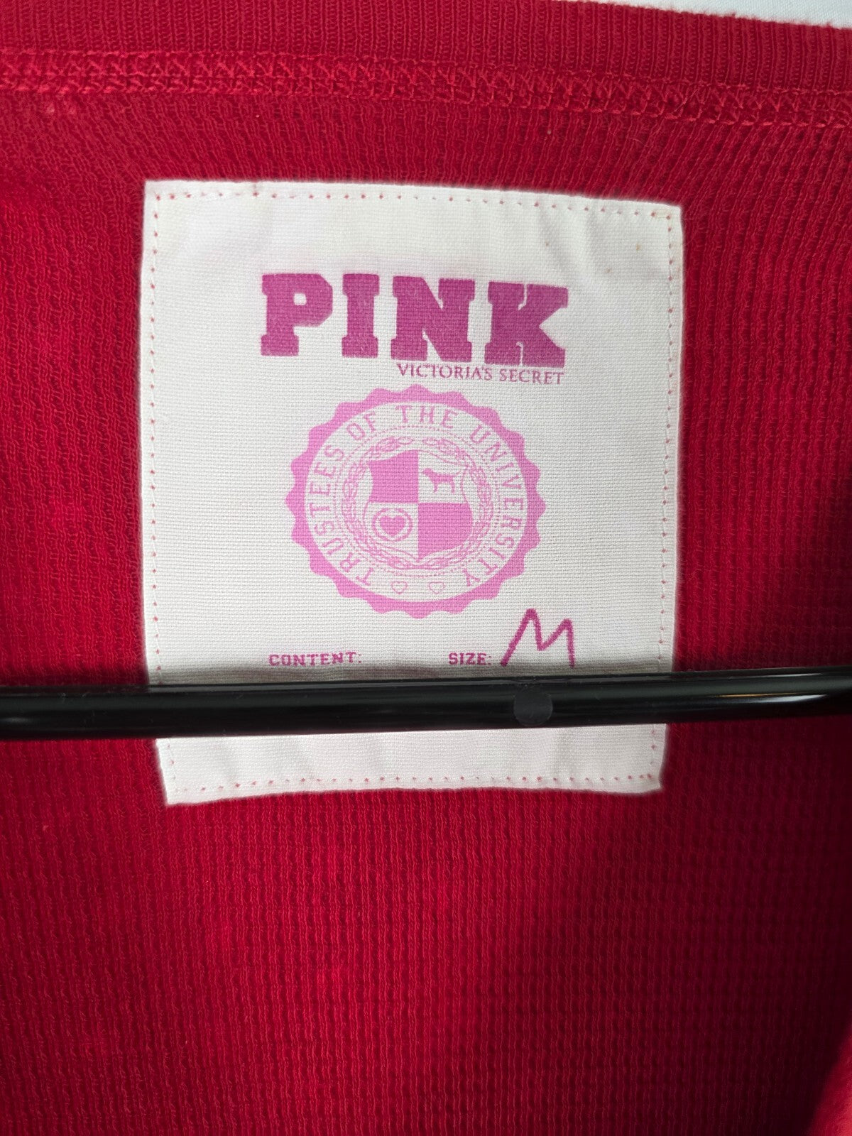 Victoria's Secret PINK 2007 Thermal Shirt Red Hearts Dog Logo Y2K Medium Cotton