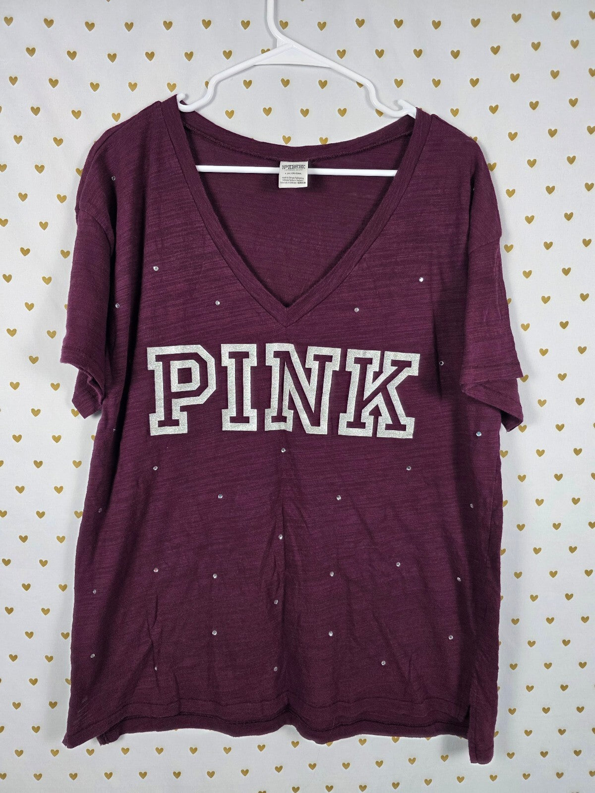 Victorias Secret PINK Maroon Studded Bling V neck Tee shirt Logo LARGE