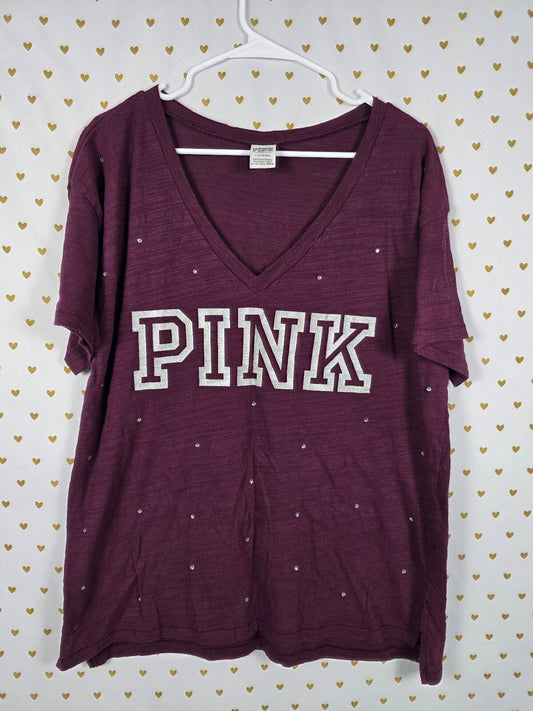 Victorias Secret PINK Maroon Studded Bling V neck Tee shirt Logo LARGE
