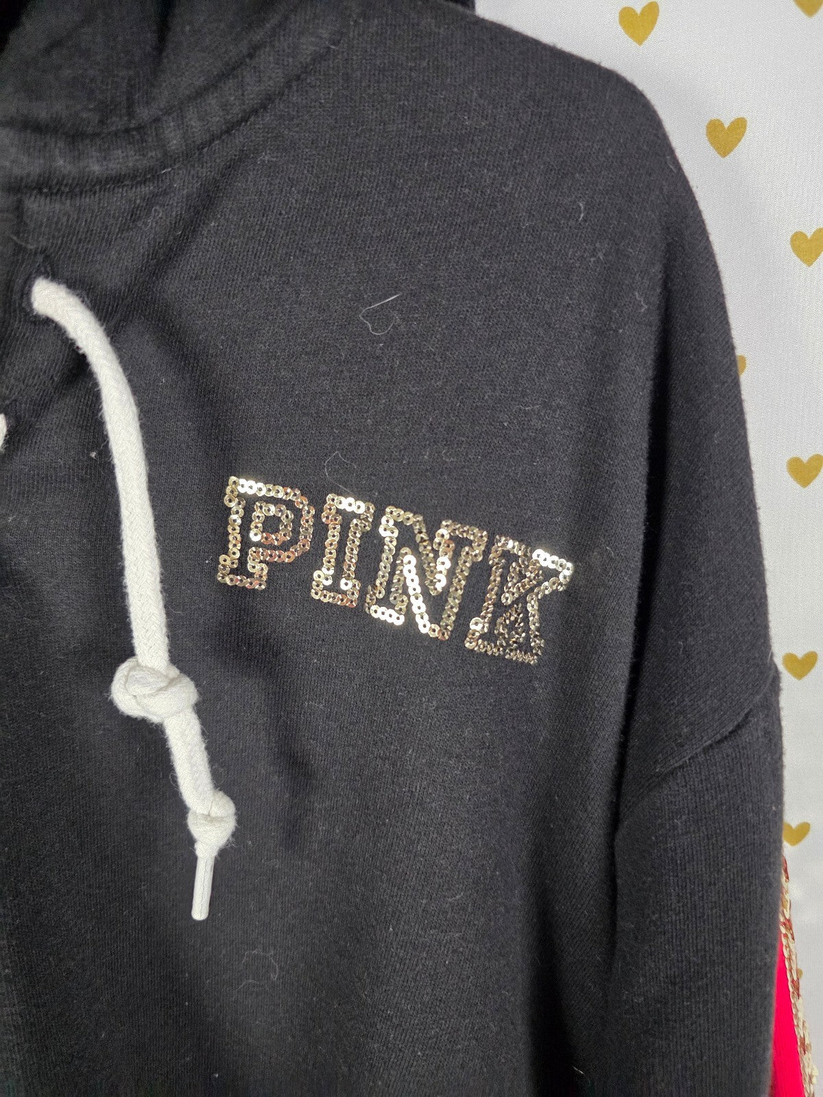 Victoria's Secret PINK Sequin Rose Hoodie Black Gold Stripe Pullover XS