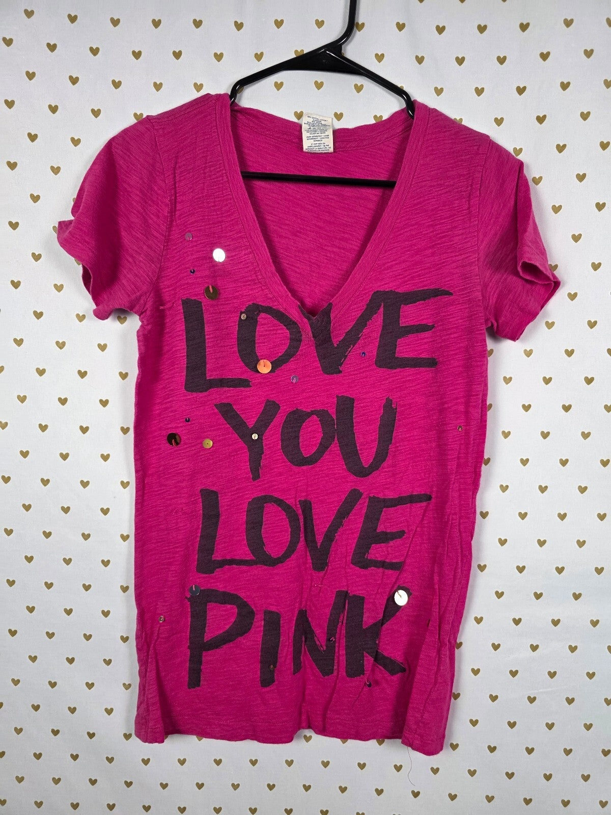 Victorias Secret PINK Vintage Y2k V neck Love Bling Tee shirt Small