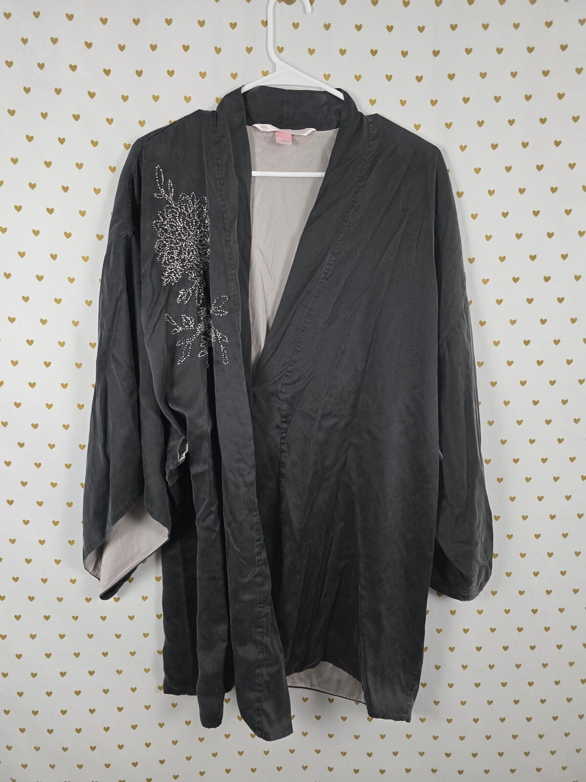 Victoria's Secret 100% Silk Kimono Robe O/S Rhinestone Floral Black Gray