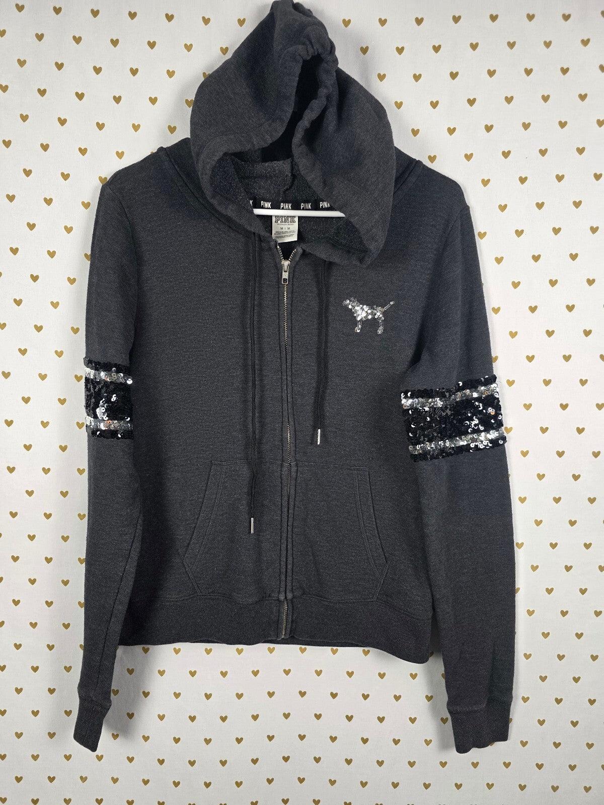 Victorias Secret Pink Bling Sequined Logo Full zip Hoodie Jacket Grey Medium