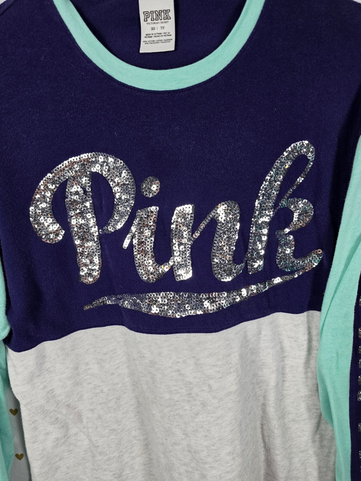 Victorias Secret PINK Bling Silver sequin Long sleeve Tee shirt Colorblock XS