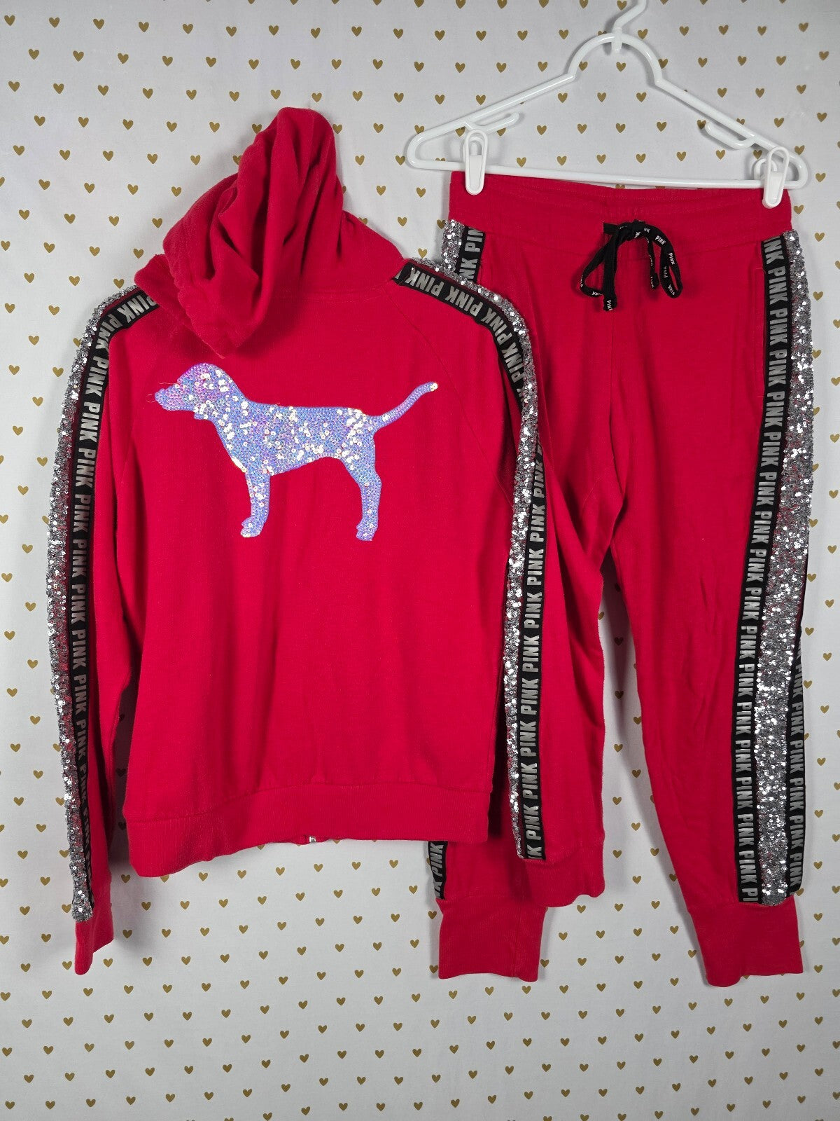 Victorias Secret Pink Red BLING Dog Logo SET Hoodie Sweatpants SM MEDIUM HTF 2pc