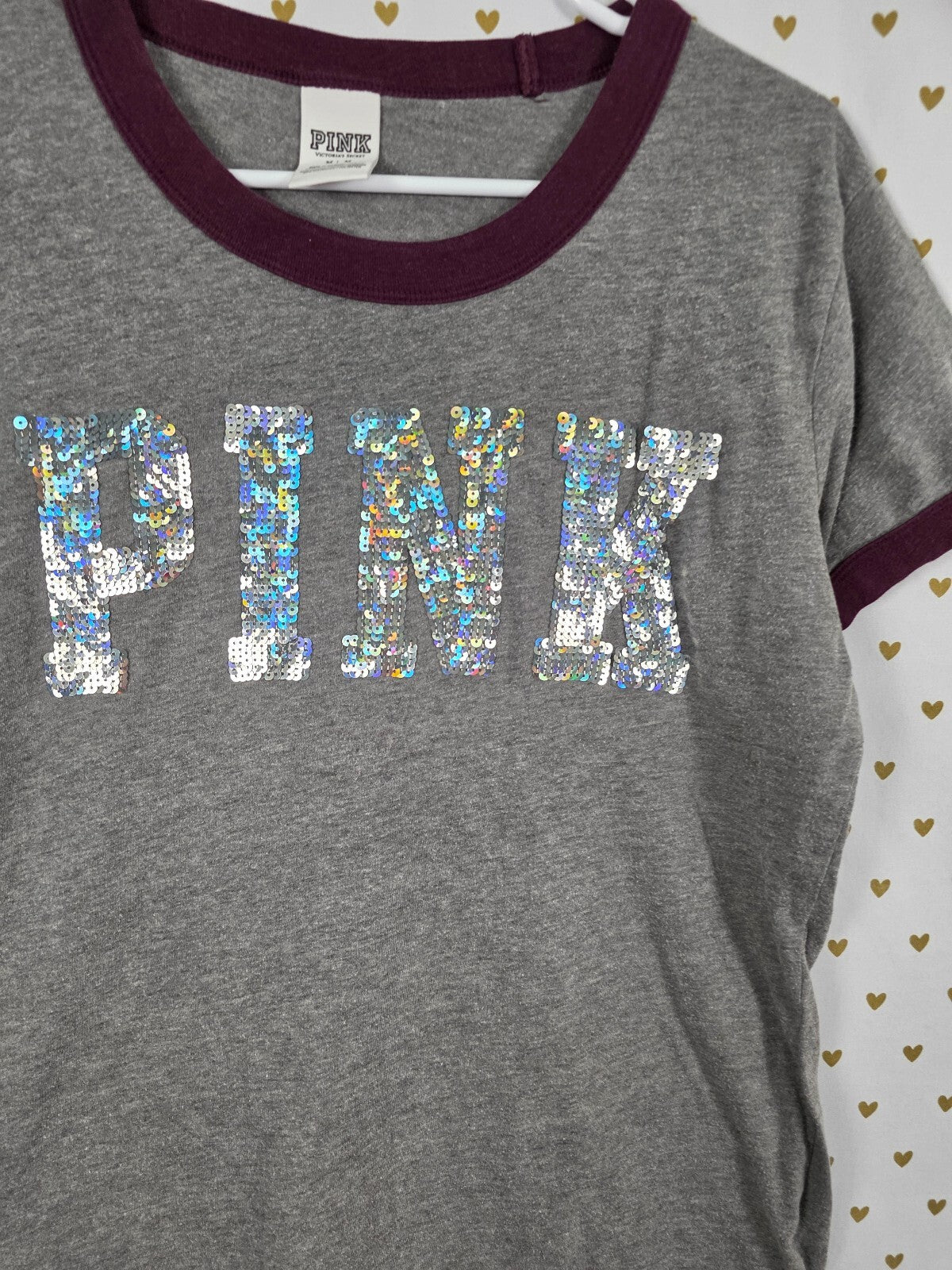 Victorias Secret PINK Ringer Bling Logo Tee shirt sequined Medium
