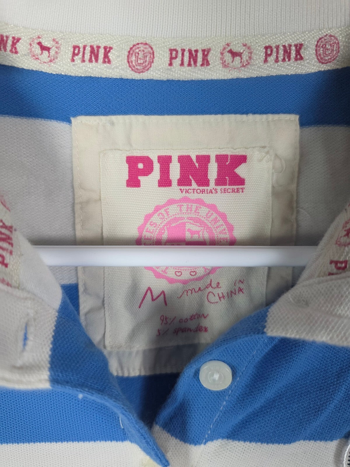 Victoria's Secret PINK Polo Shirt M Blue White Stripe Crest Gold Dog Preppy
