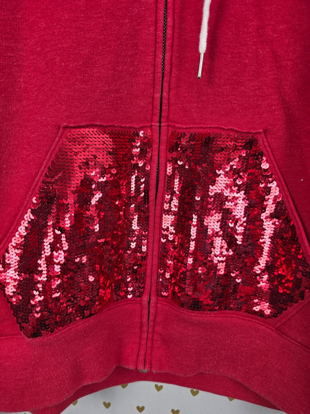 Victorias Secret Pink Red Bling Sequined Full Zip Oversized Hoodie Jacket Large