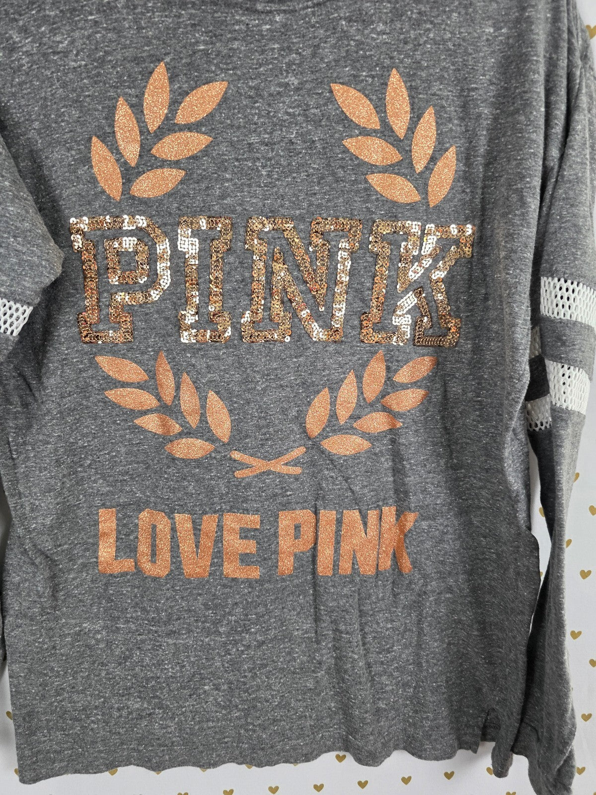 Victorias Secret PINK Gold Bling Crest Long Sleeve Tee Shirt XS