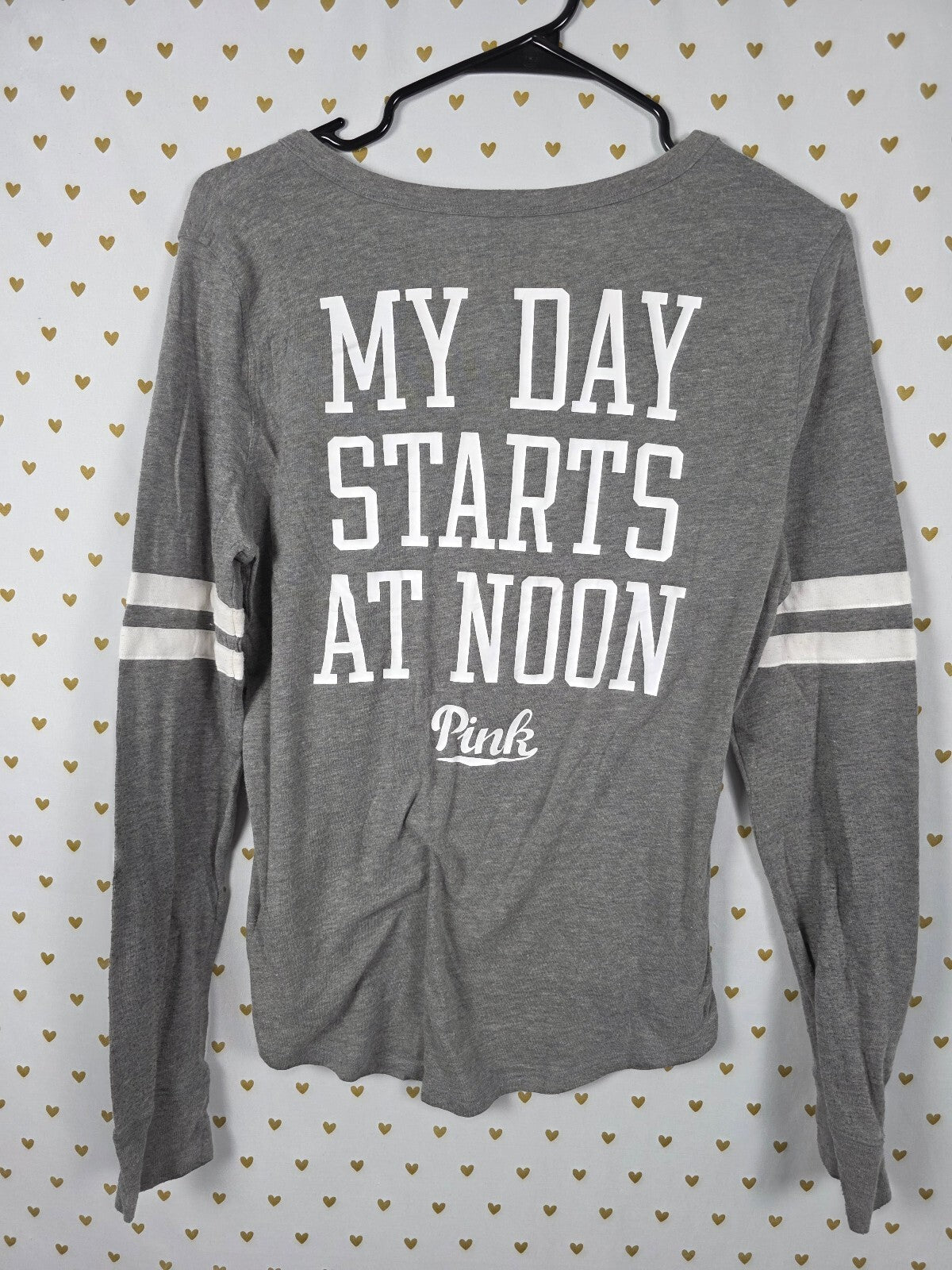 Victorias Secret PINK MY DAY STARTS AT NOON Henley Grey Shirt MEDIUM