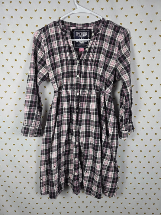 Victoria's Secret PINK Plaid Flannel Shirt Dress Rhinestone Hem Tie Waist M